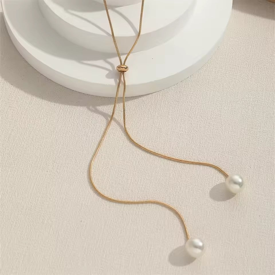Simple Faux Pearl Pendant Adjustable Long Sweater Chain Necklace